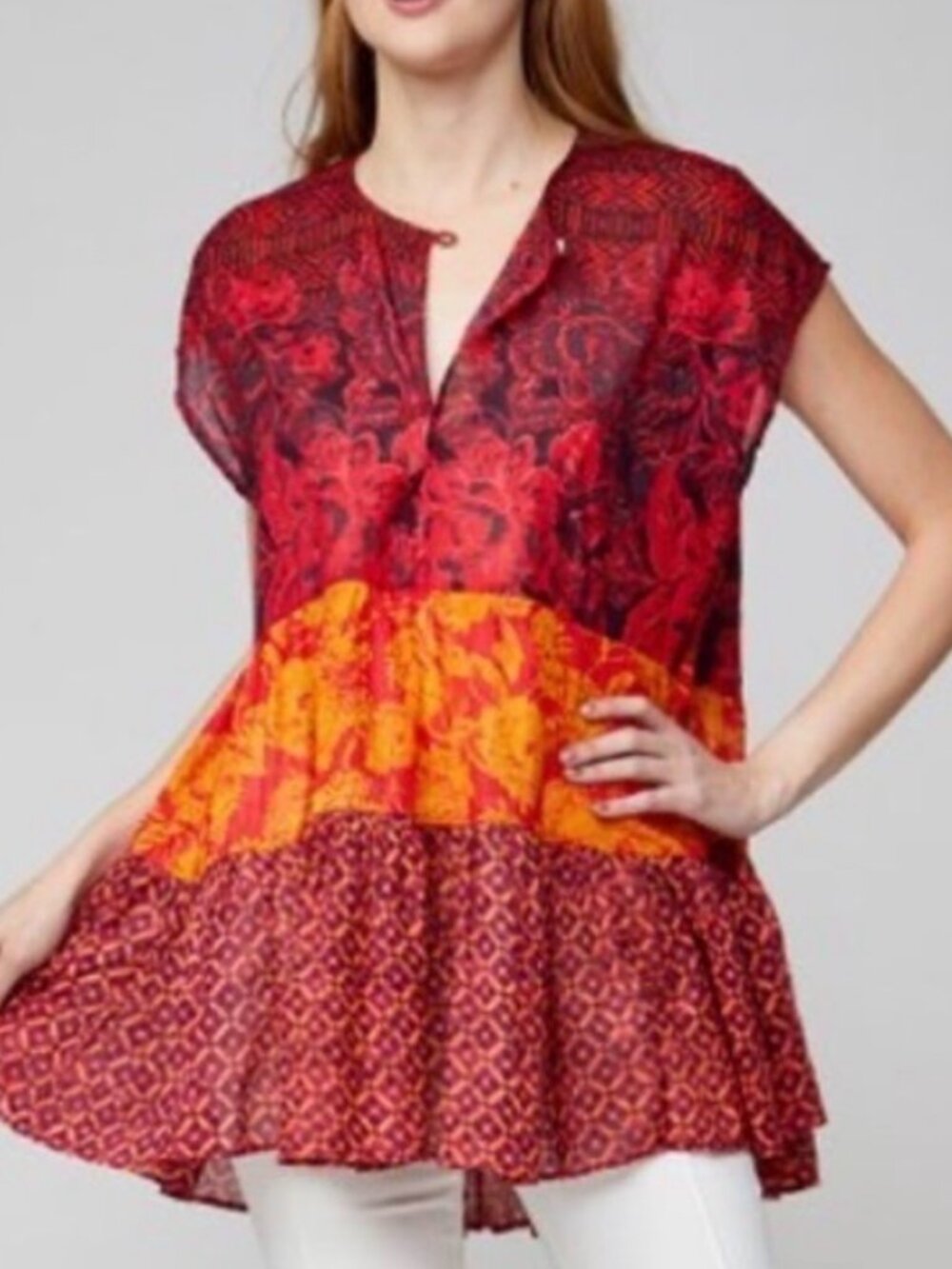 Free People Gotta Have You Tunic XS Red Floral Tiered Boho Sleeveless
